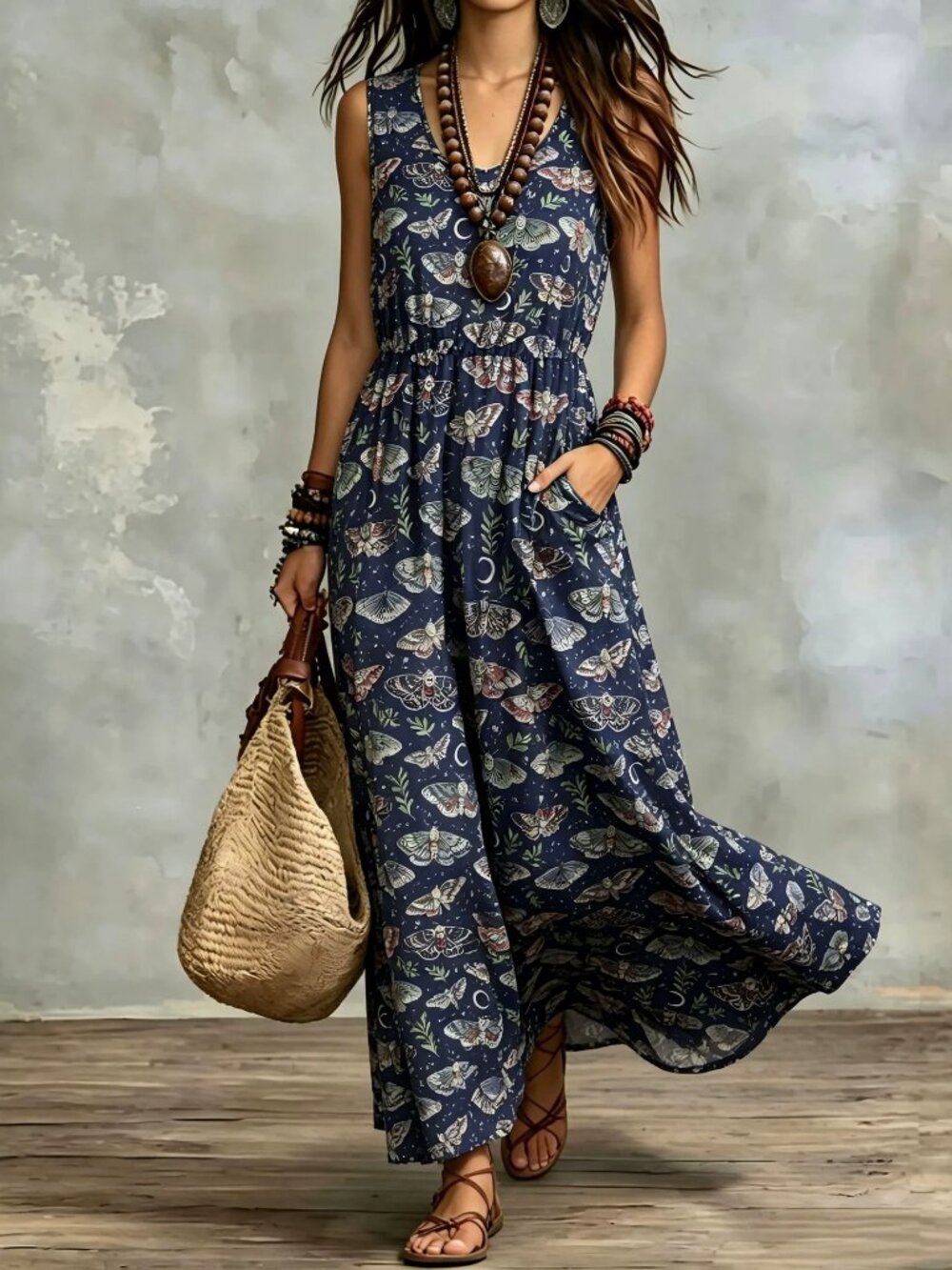 Women's Printed Sleeveless Maxi Dress With Pockets